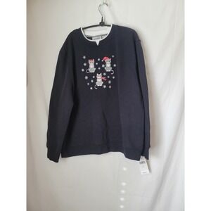 Speculation Women's XL Navy Blue Embroidered Cats & Snowflakes Sweatshirt Top